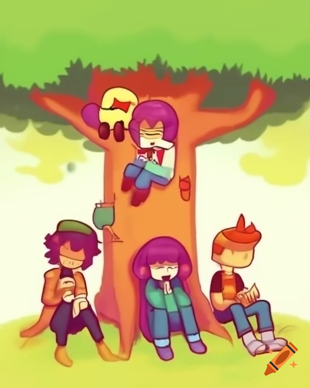 Four friends under acacia tree with colorful Scribblenauts graphic blanket