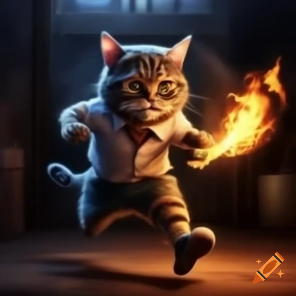 Cat running in shoes with one shoe on fire