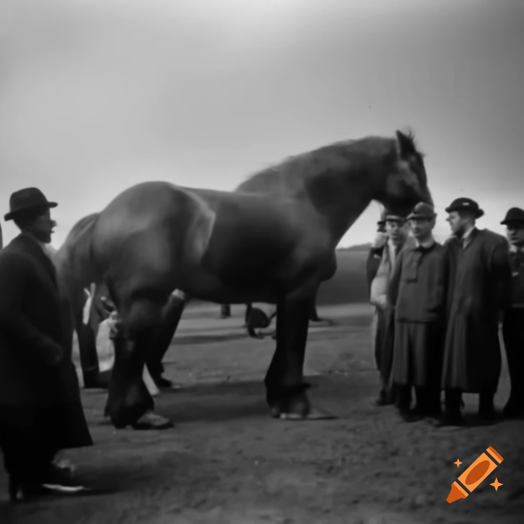 Vintage photo of giant horse surrounded by men, 1855