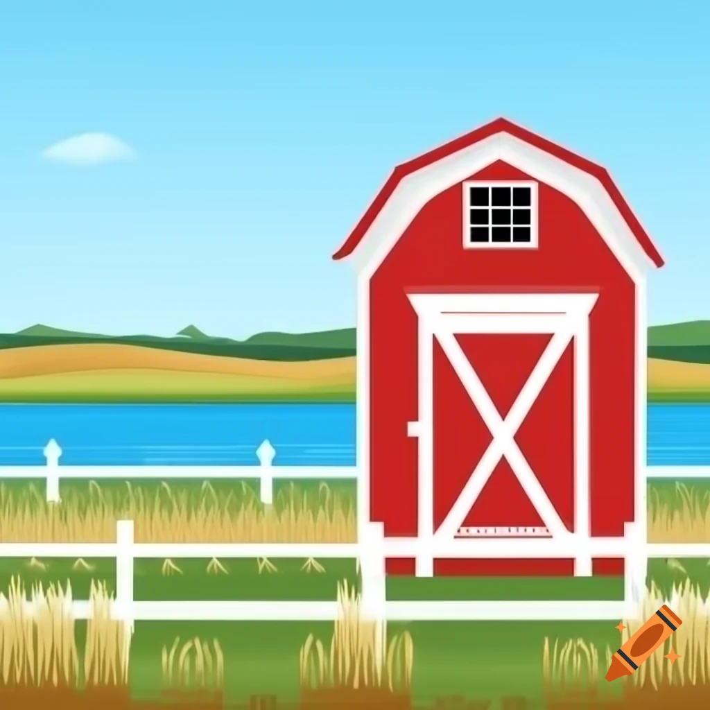 Flat style cartoon farm with red barn, lake, white fence, and wheat field