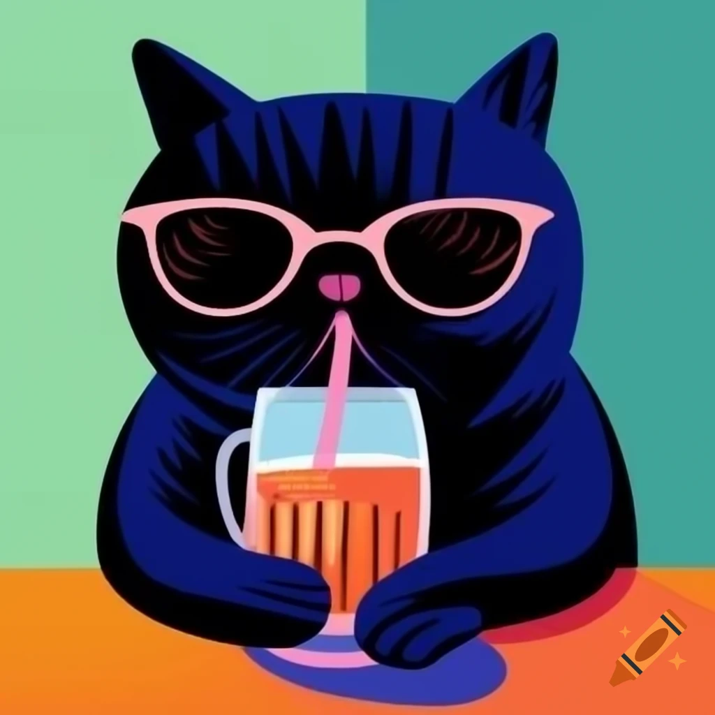 Cartoon art of black cat wearing sunglasses while drinking