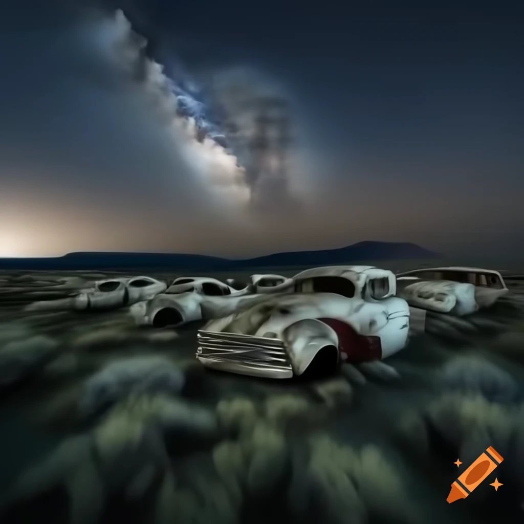 Abandoned car graveyards in remote wilderness under a dark starry night