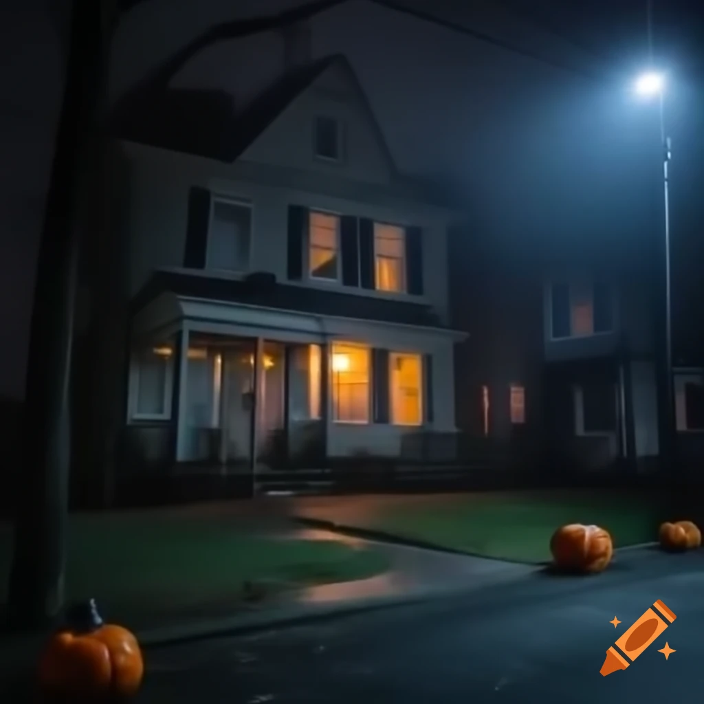 Eerie Halloween night on foggy suburban street with old house and scattered pumpkins