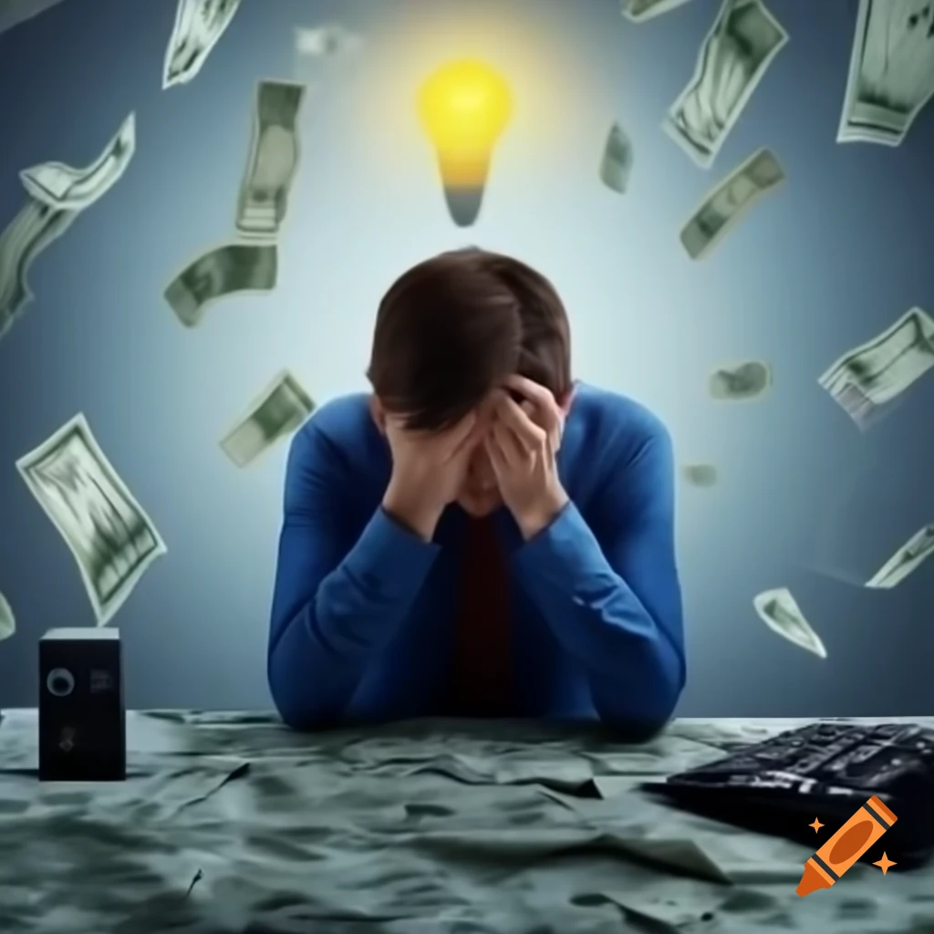 Stressed person at table with bills and calculator, glowing lightbulb in background