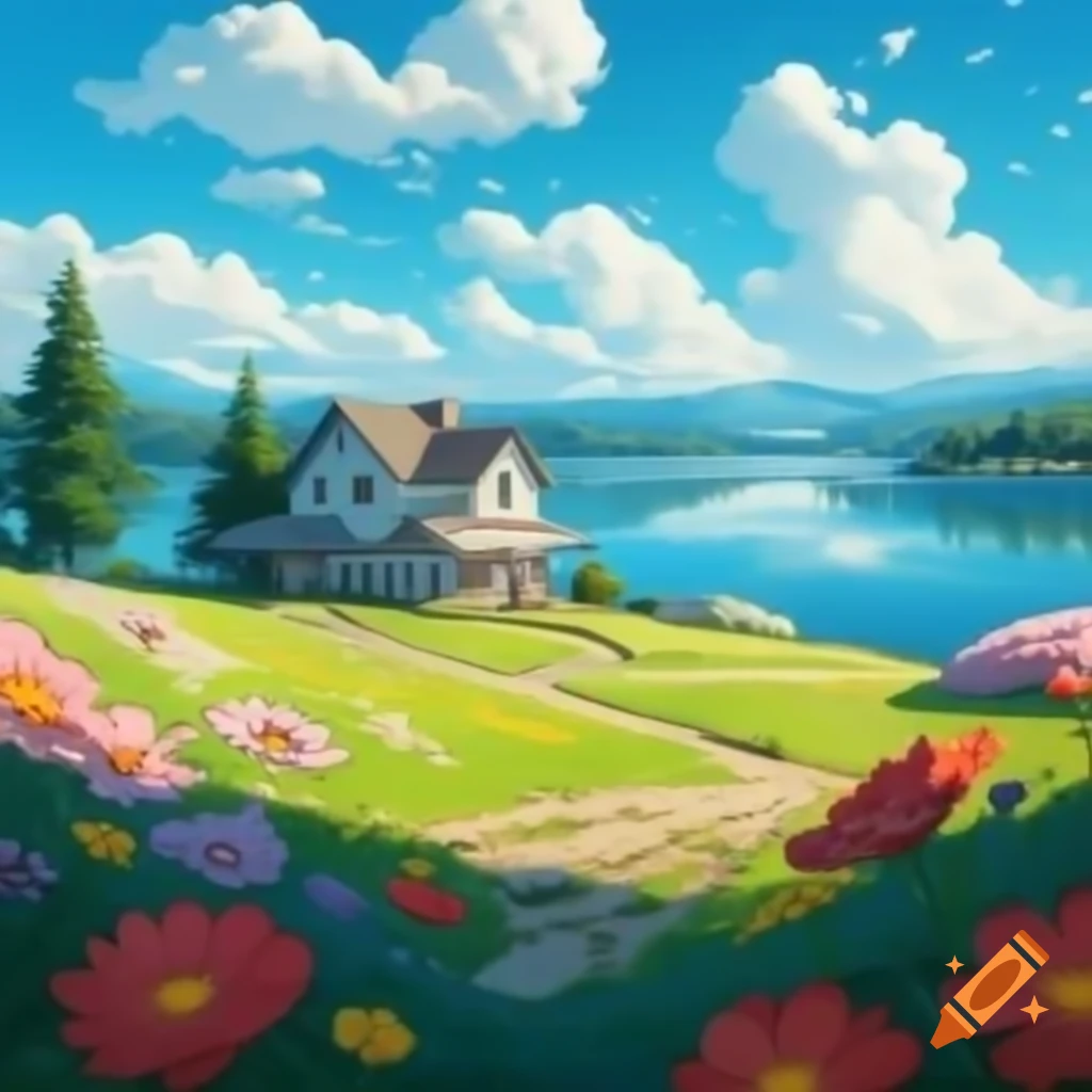 House near lake surrounded by flowers