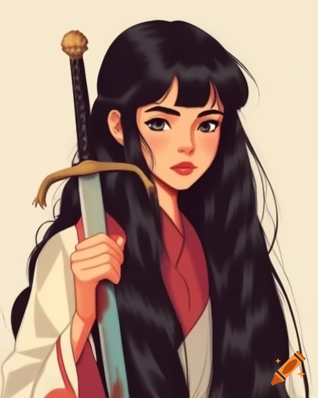 Full-length portrait of young woman with long black hair holding a sword in 1980s retro anime style