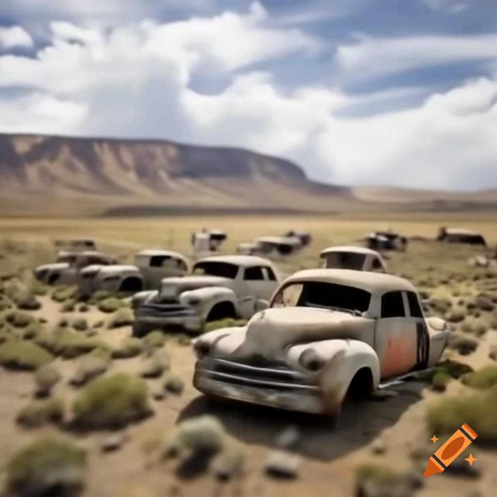 Abandoned car graveyards in remote wilderness badlands