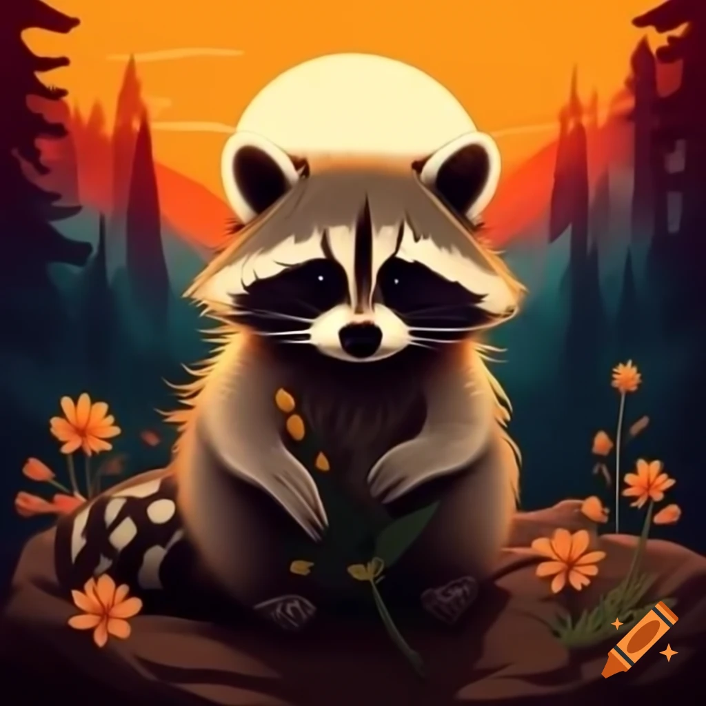 Wise-eyed raccoon holding wildflower at sunset in forest