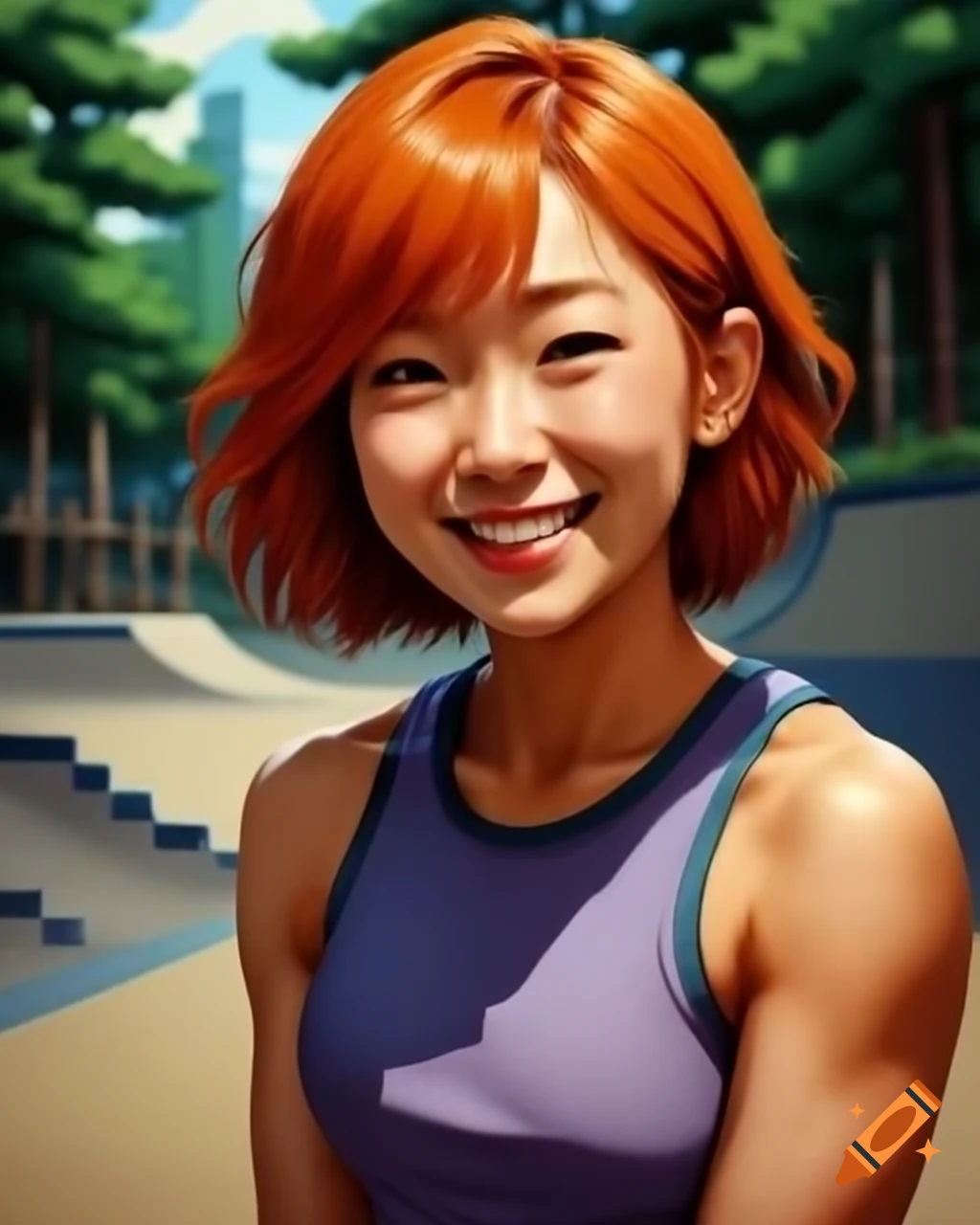 Pixel art of a blushing chinese female fitness teacher in skate park on