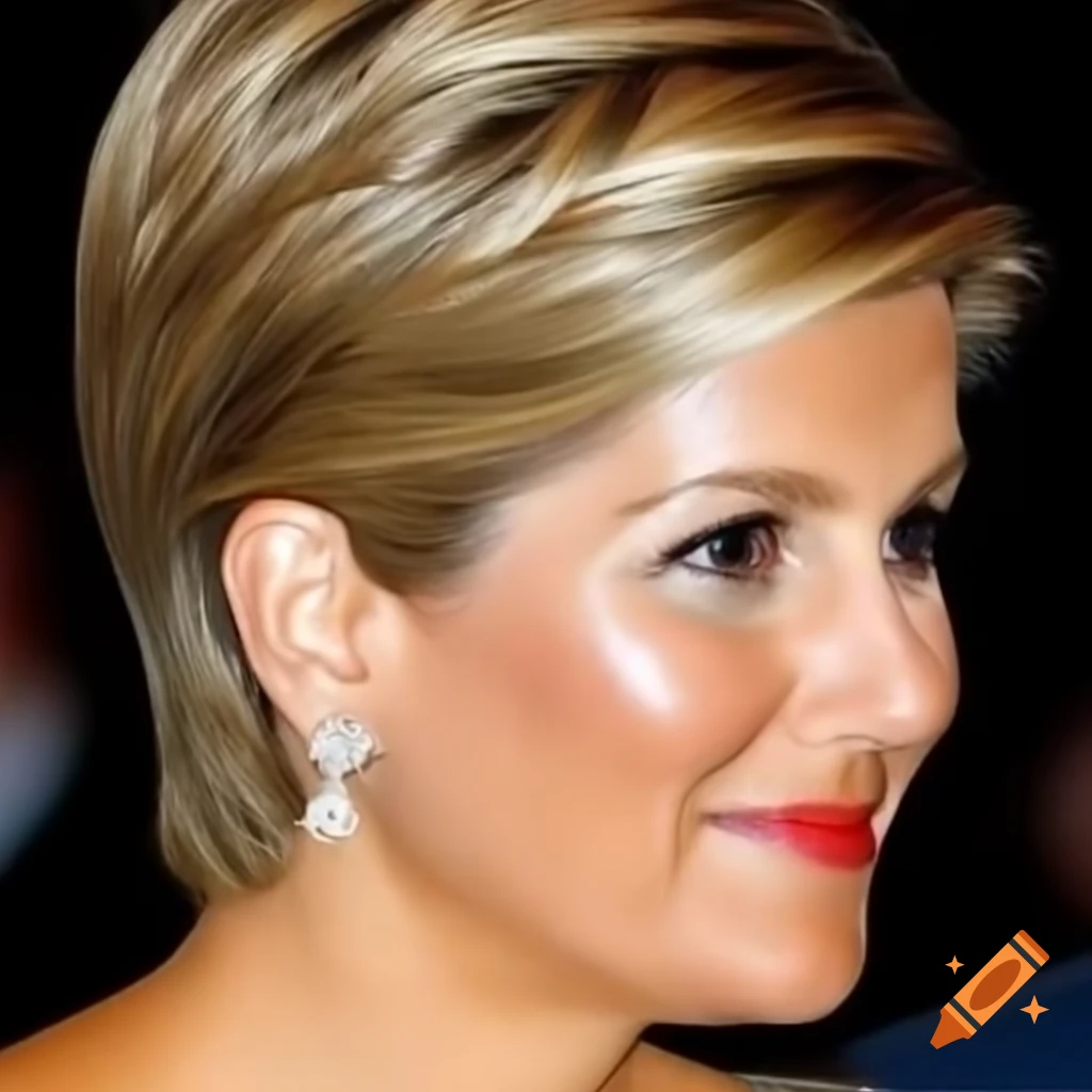 Queen Maxima showcasing a bold short pixie haircut, side and rear view