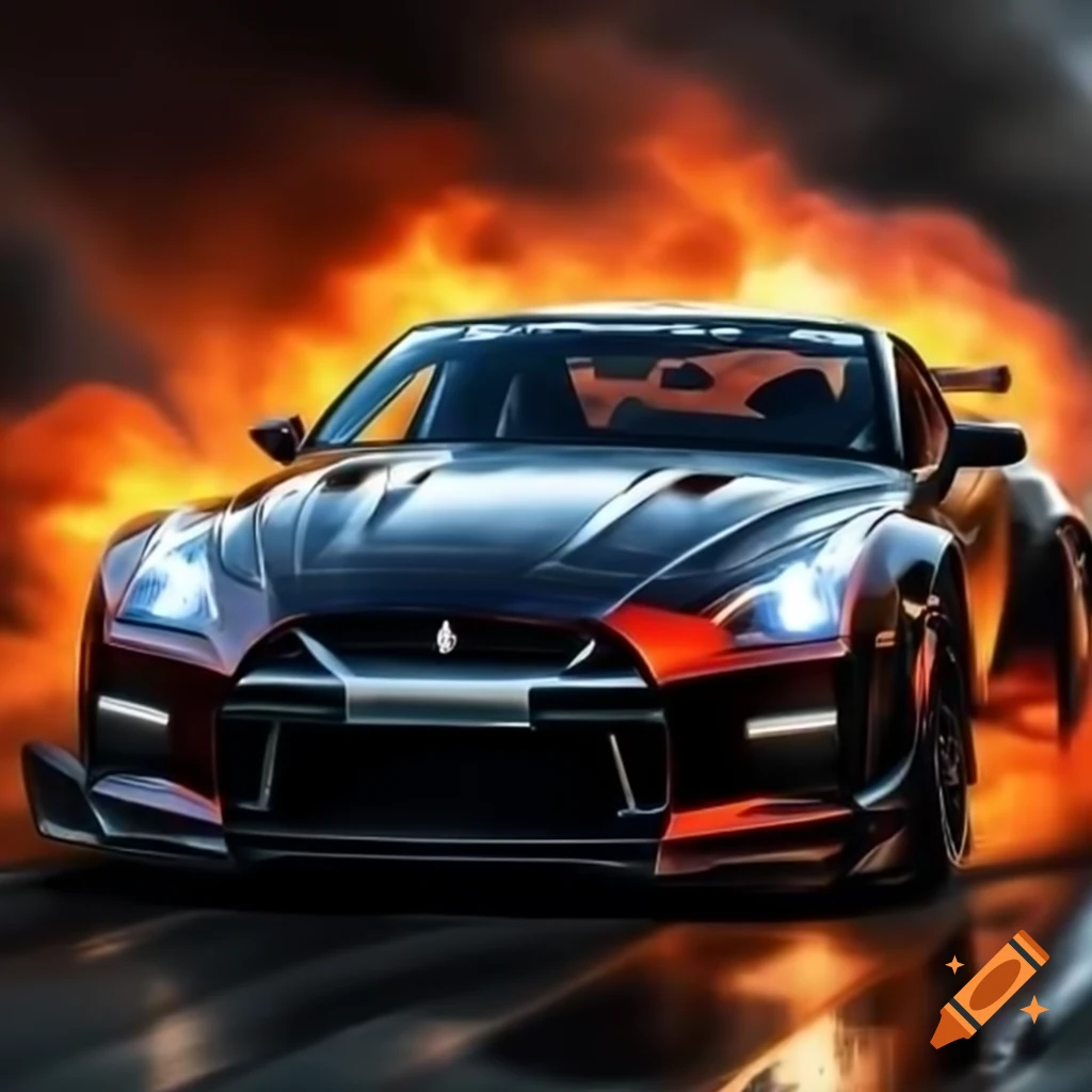 Nissan GT-R drifting through flames with black background