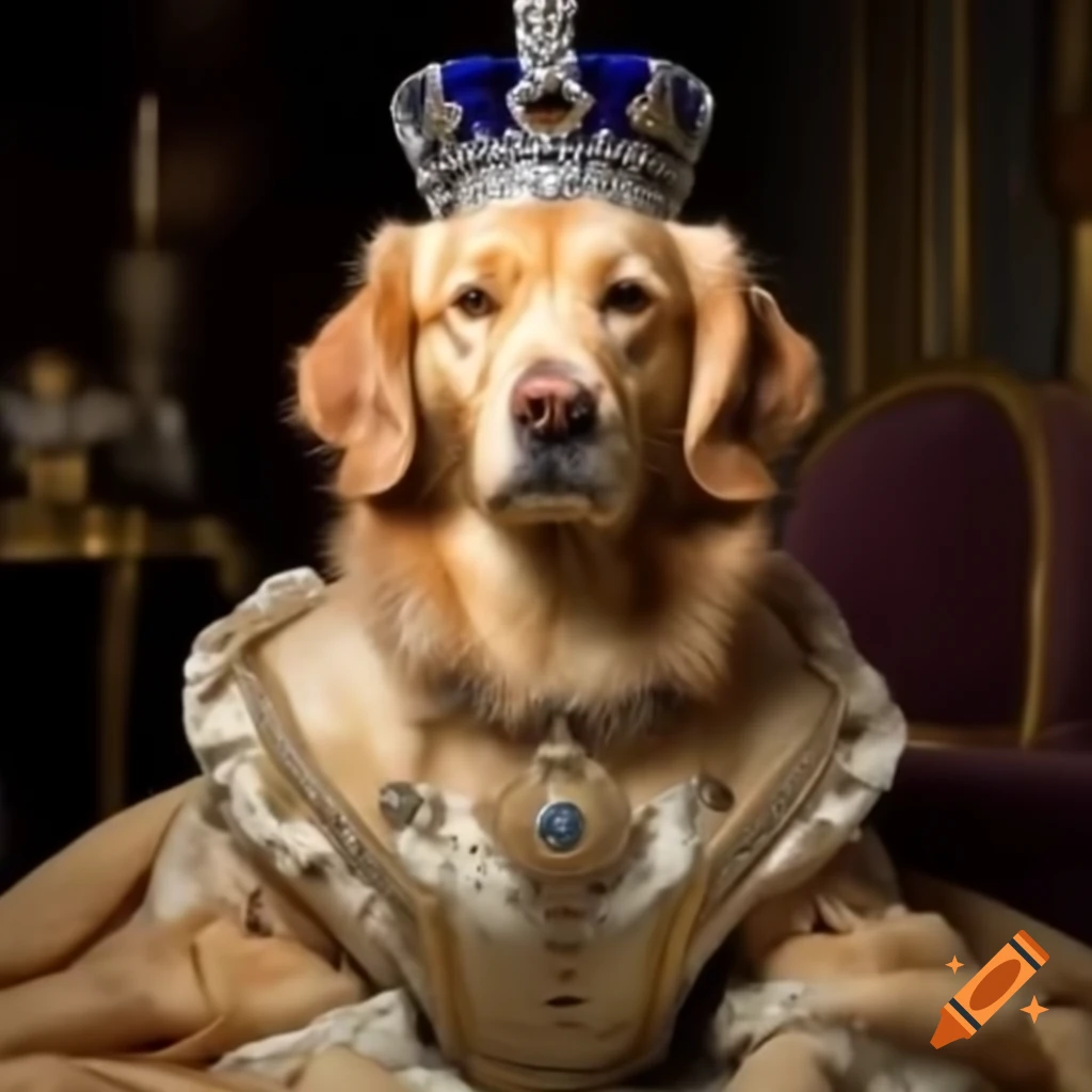 Golden retriever dressed as royal princess in fancy gown