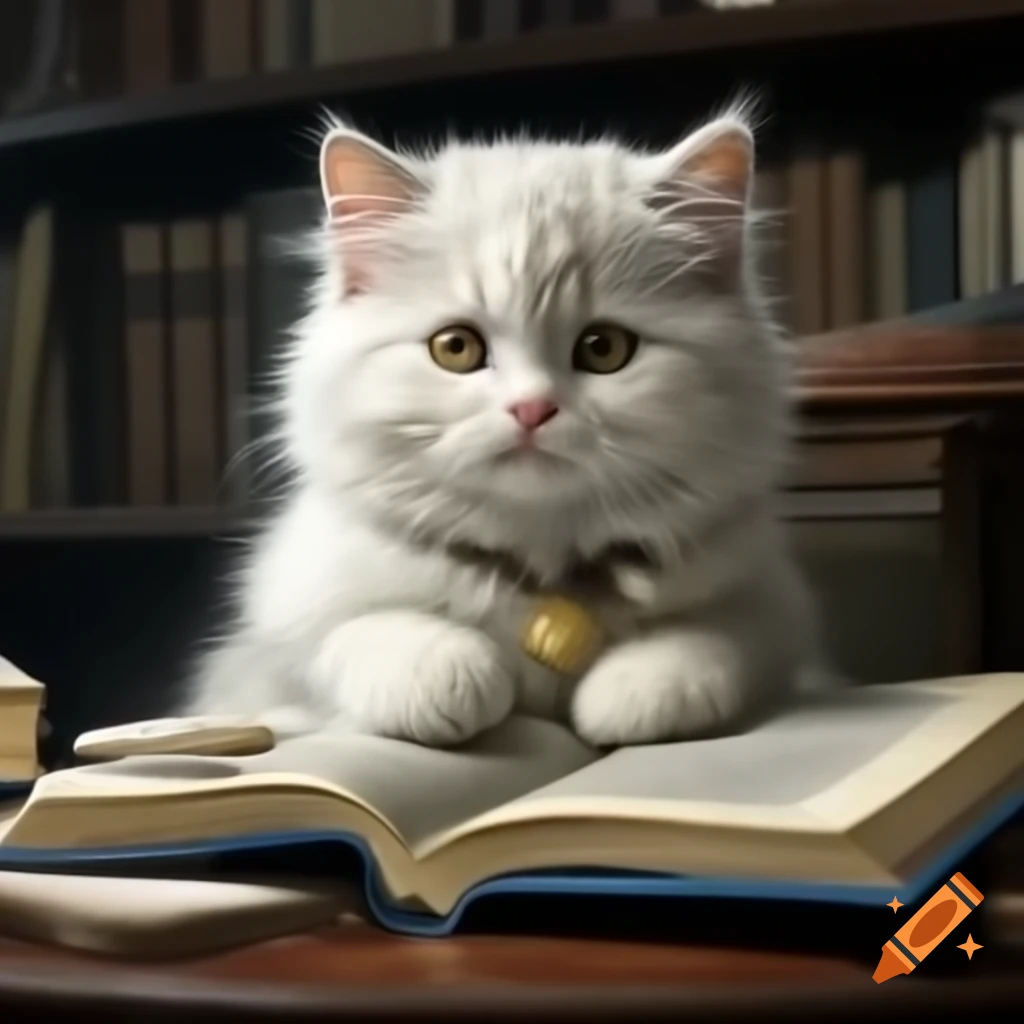 Fluffy white cat with amber eyes holding a book titled 'McFarlin Library'