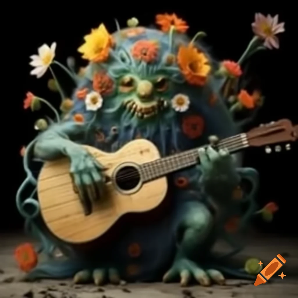 Intricate flower monster playing guitar in high detail