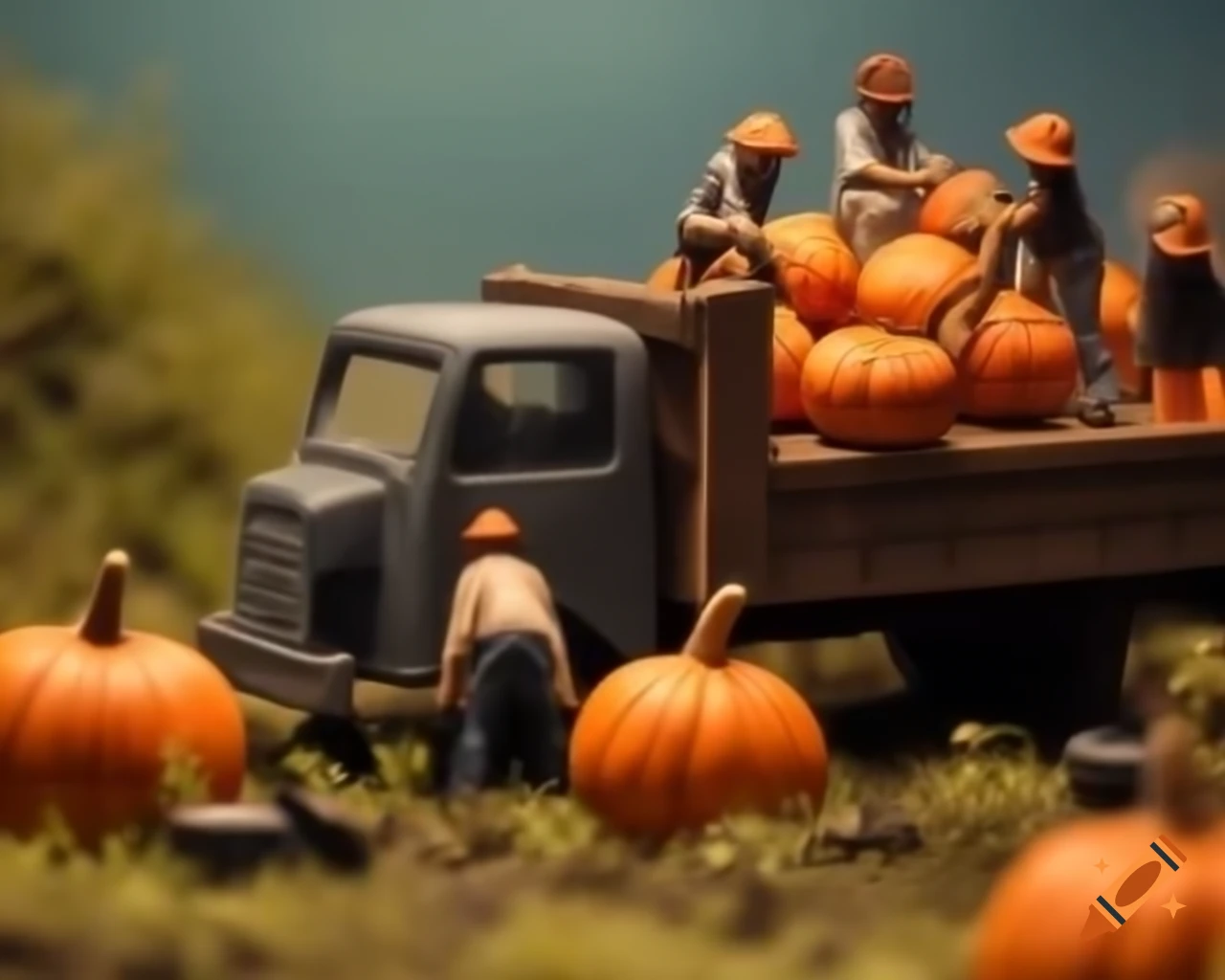 Mini diorama of people loading pumpkins onto a truck