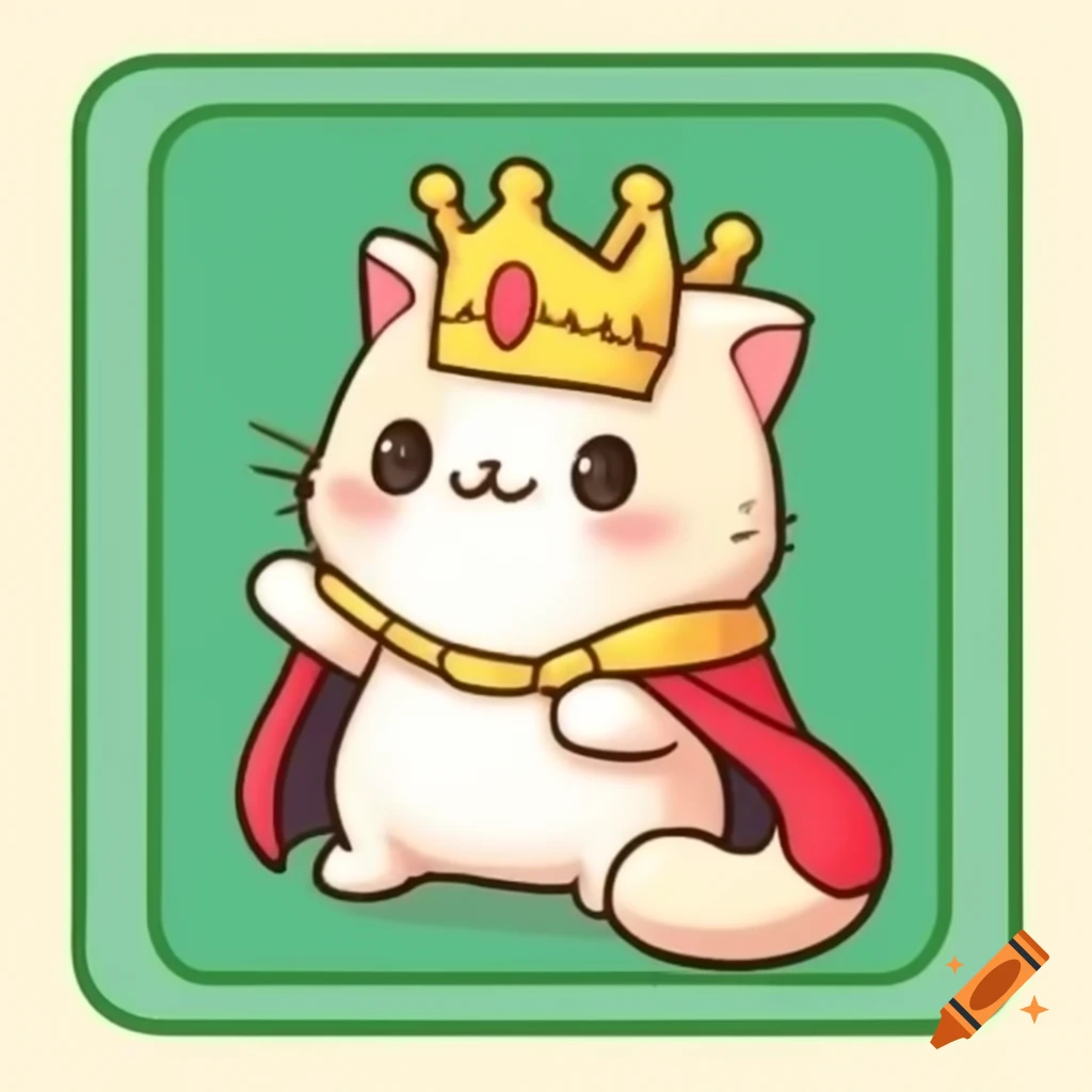 Chibi cat wearing a king's crown and cape holding green seaweed