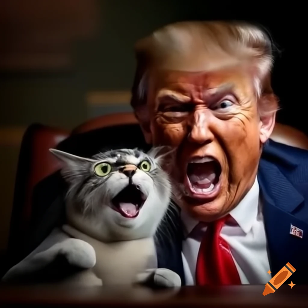 Humorous scene of a figure resembling a politician playfully chasing a scared cat