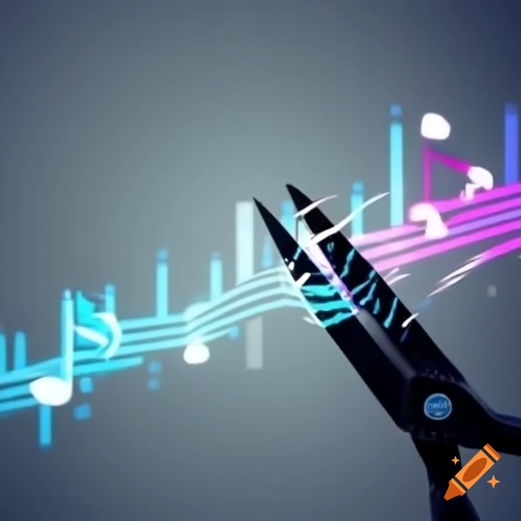 Scissors cutting headphone wire with music notes emerging