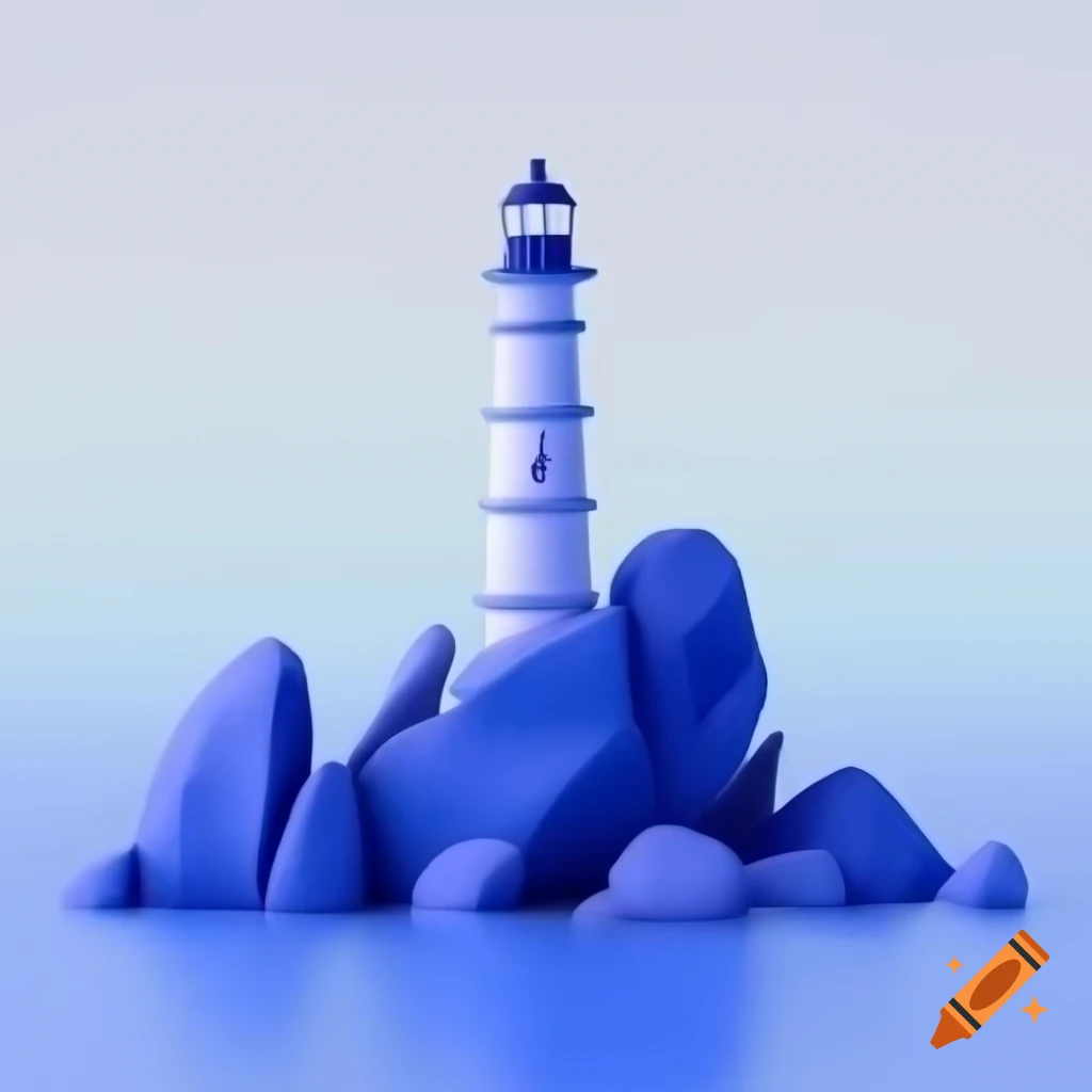 Abstract lighthouse on rocks with subtle white to blue gradient background