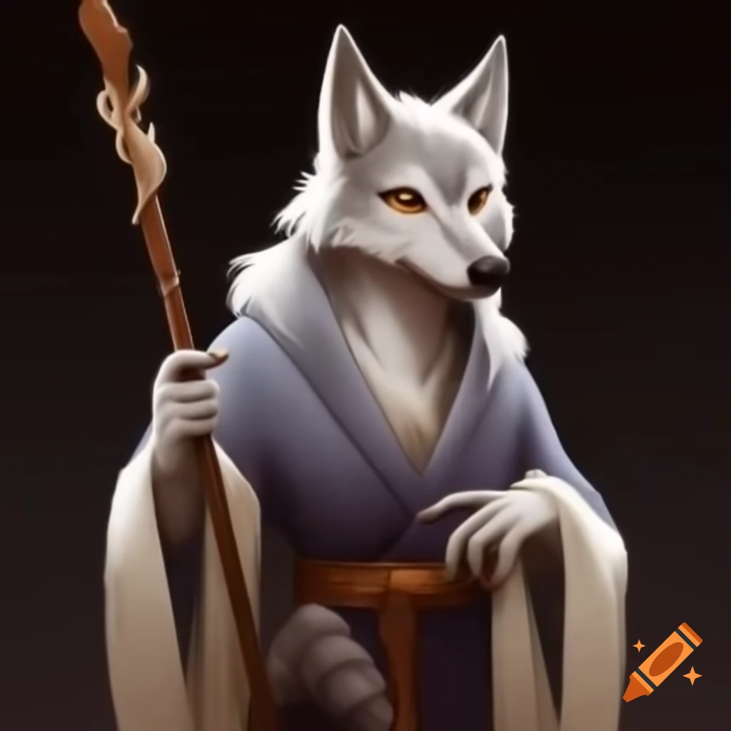 Elegant female wolf sorceress in robe holding a staff