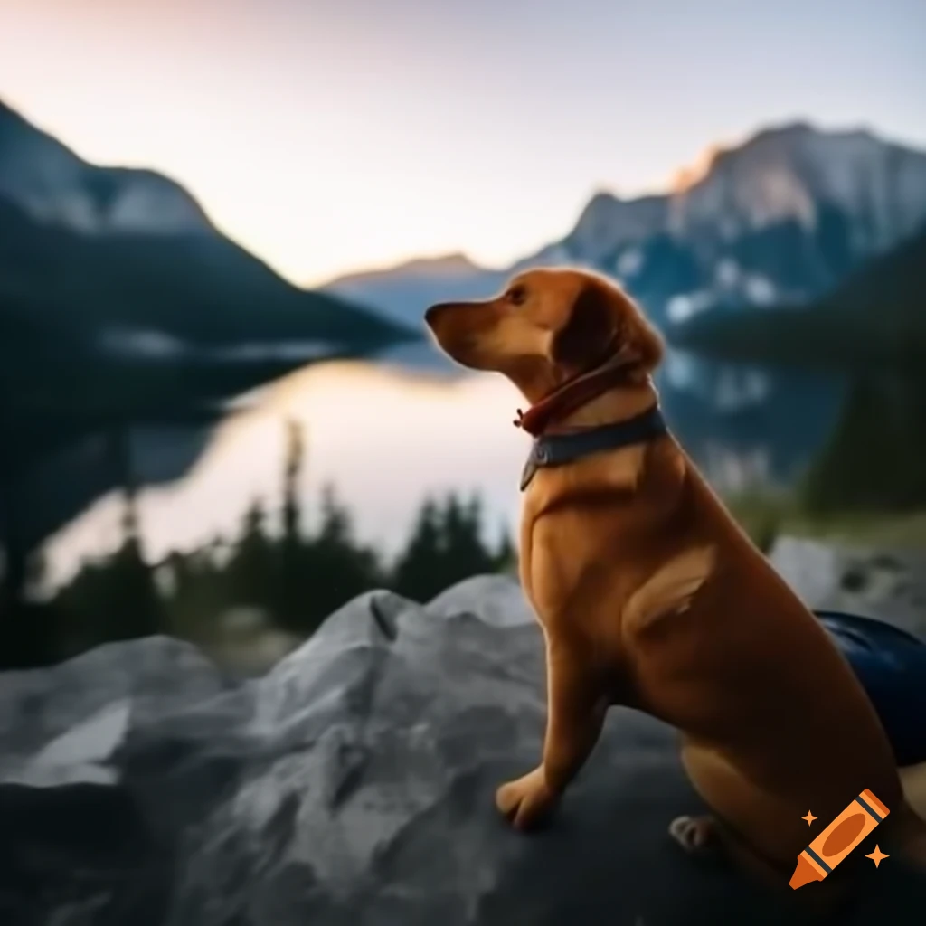 Dog sitting by lake, gazing at sunset with mountains