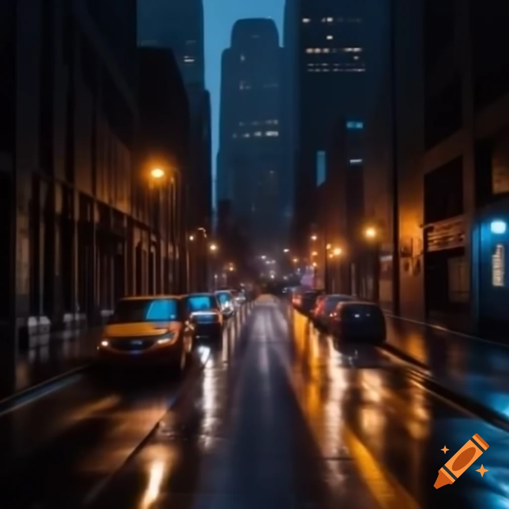 Dark downtown alley at night after rain, high definition