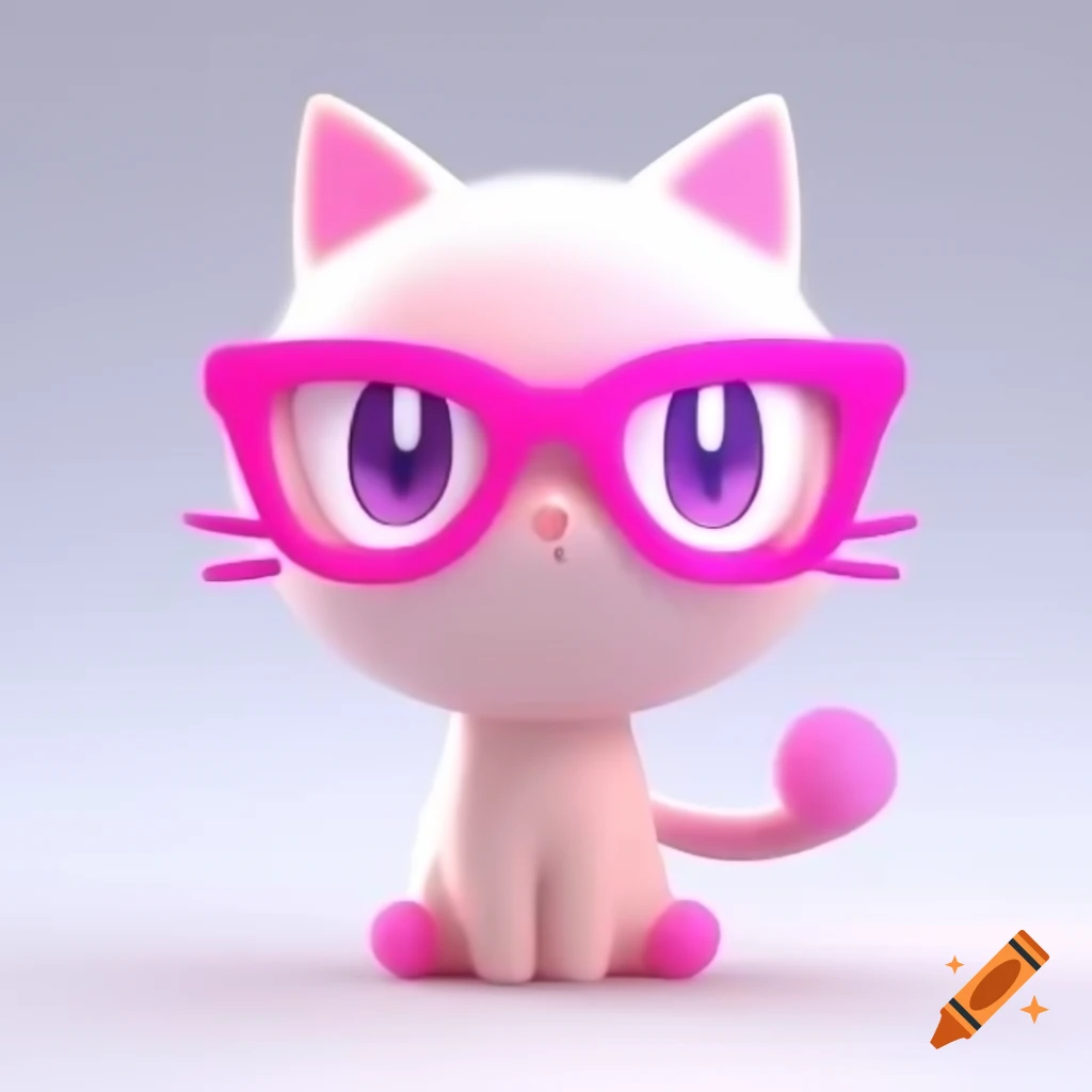 Cute 3D rendered floating cat head with pink sunglasses in crystal sphere