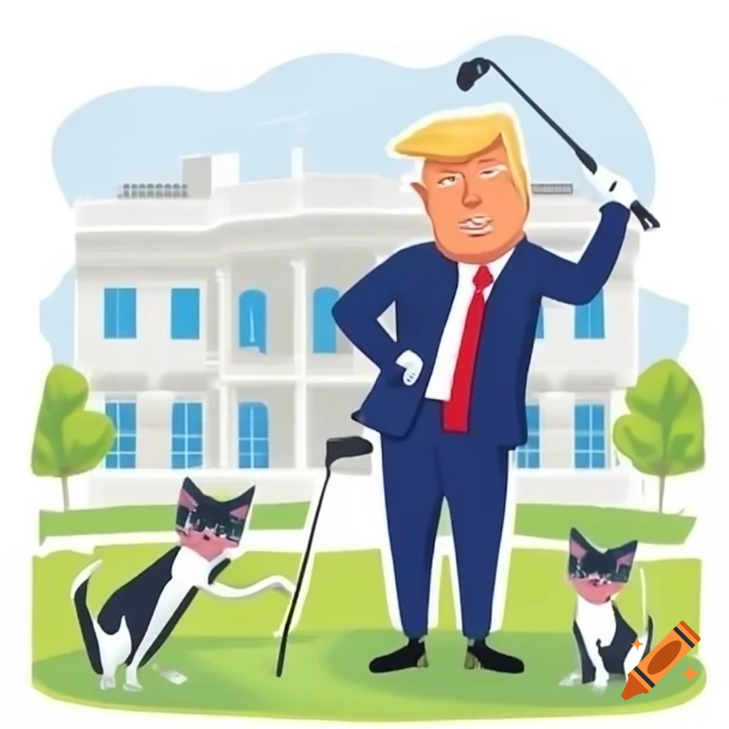 Donald Trump with kittens playing golf on White House lawn