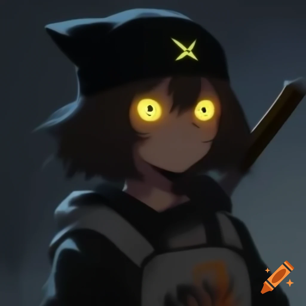 Older anime character niko with ripped clothes, black headband, rusty machete, and glowing yellow eyes