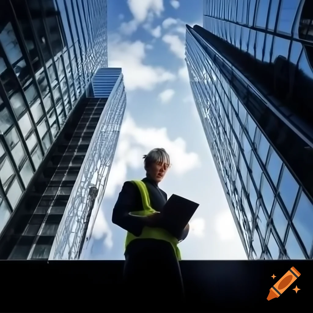 Civil engineer observing modern skyscraper wearing hard hat and safety vest