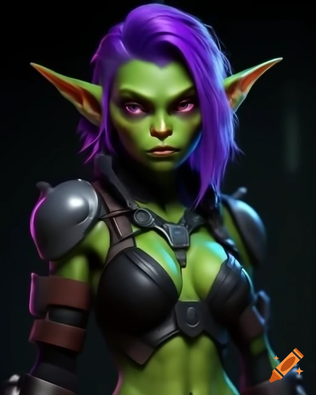 Female goblin in cyberpunk style with purple hair on craiyon