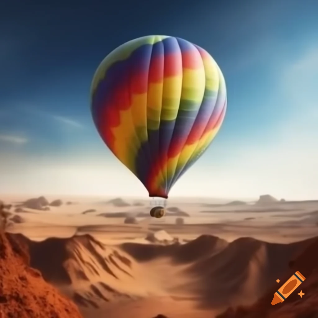 Colorful hot air balloon flying over planet Mars