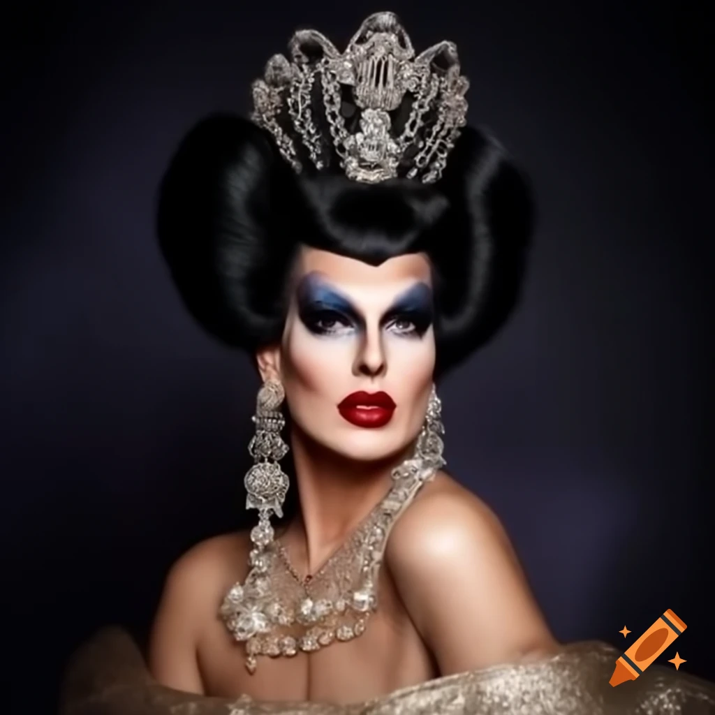 Diva Divine in opulent gown with intricate beadwork, embodying regal elegance