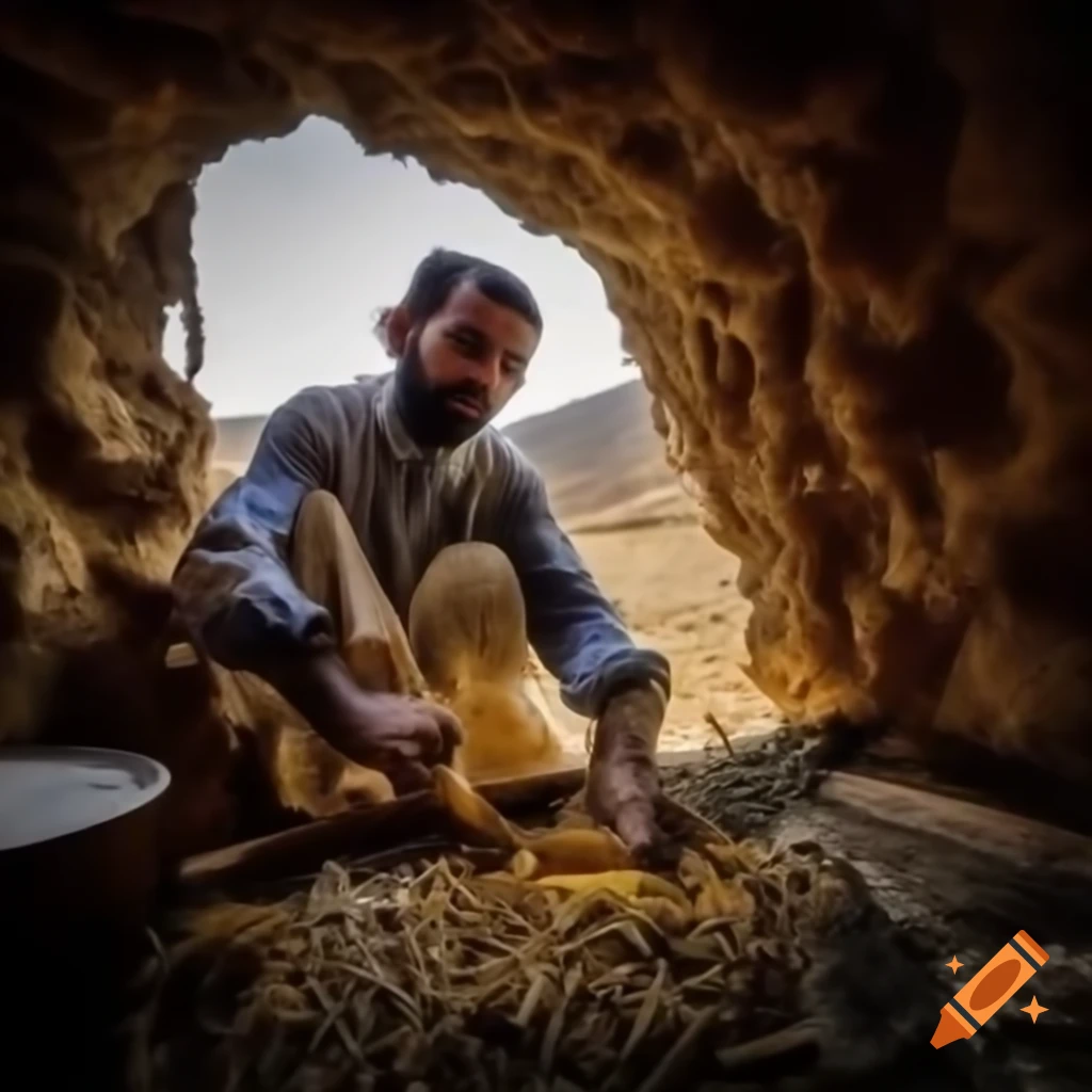 Yemeni beekeeper harvesting honey from traditional hive in mountain cave
