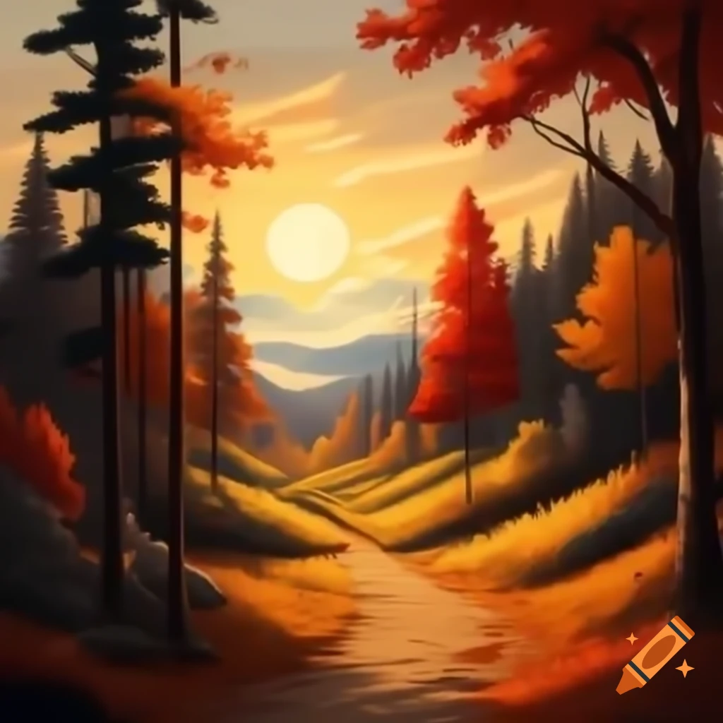 Pathway through autumn forest with falling leaves and rising sun