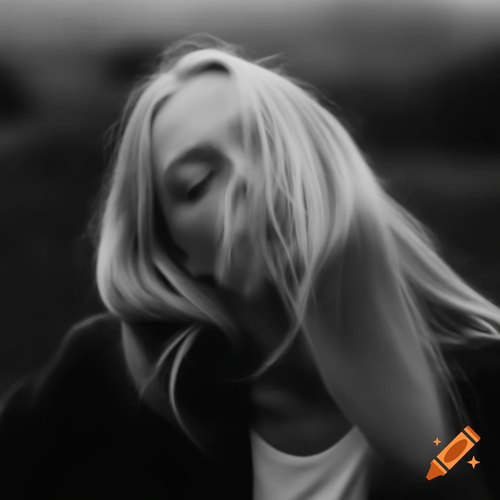 Close-up of a relaxed blonde woman in foggy environment, flash photography