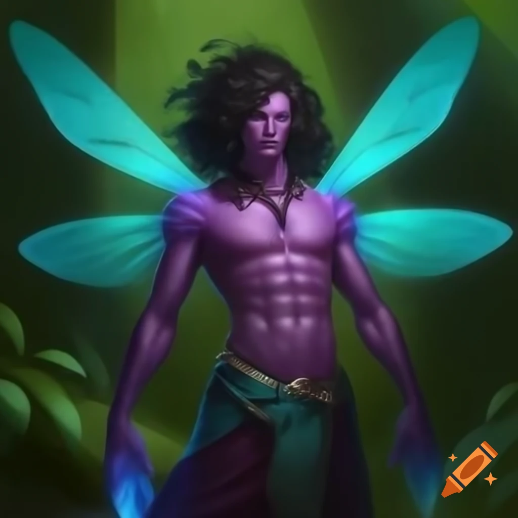 Male sylph character with bioluminescent features and grand dragonfly wings