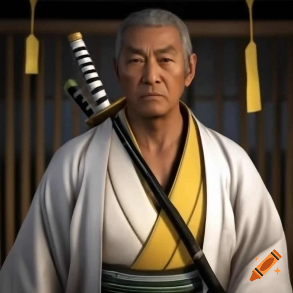 Samurai in white kimono with katana and yellow scarf