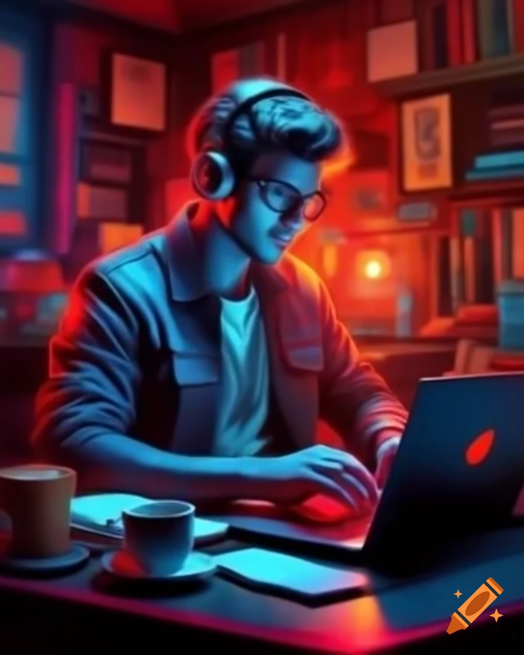 Red and blue android writing code on a computer on craiyon