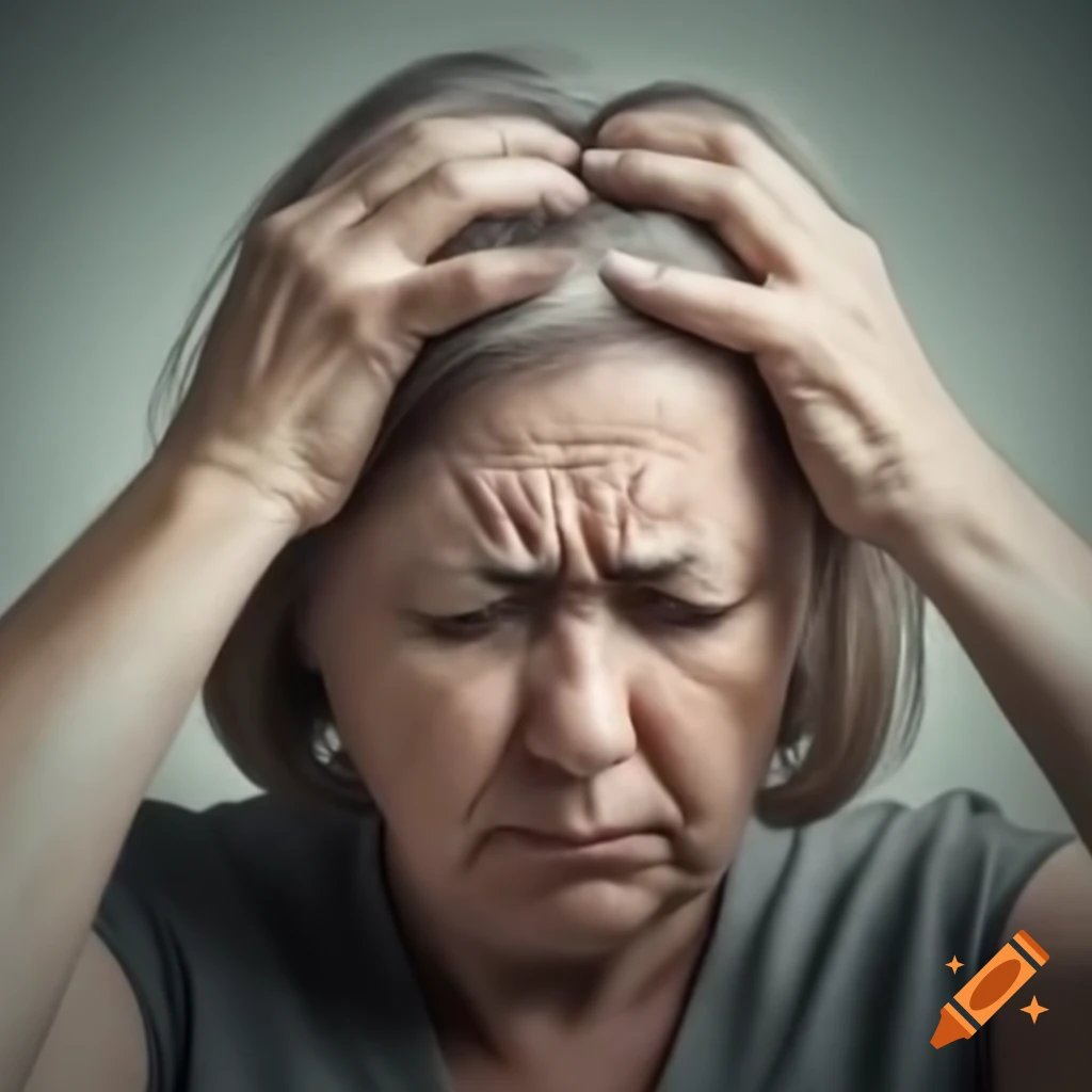 Stressed middle aged woman touching her hair