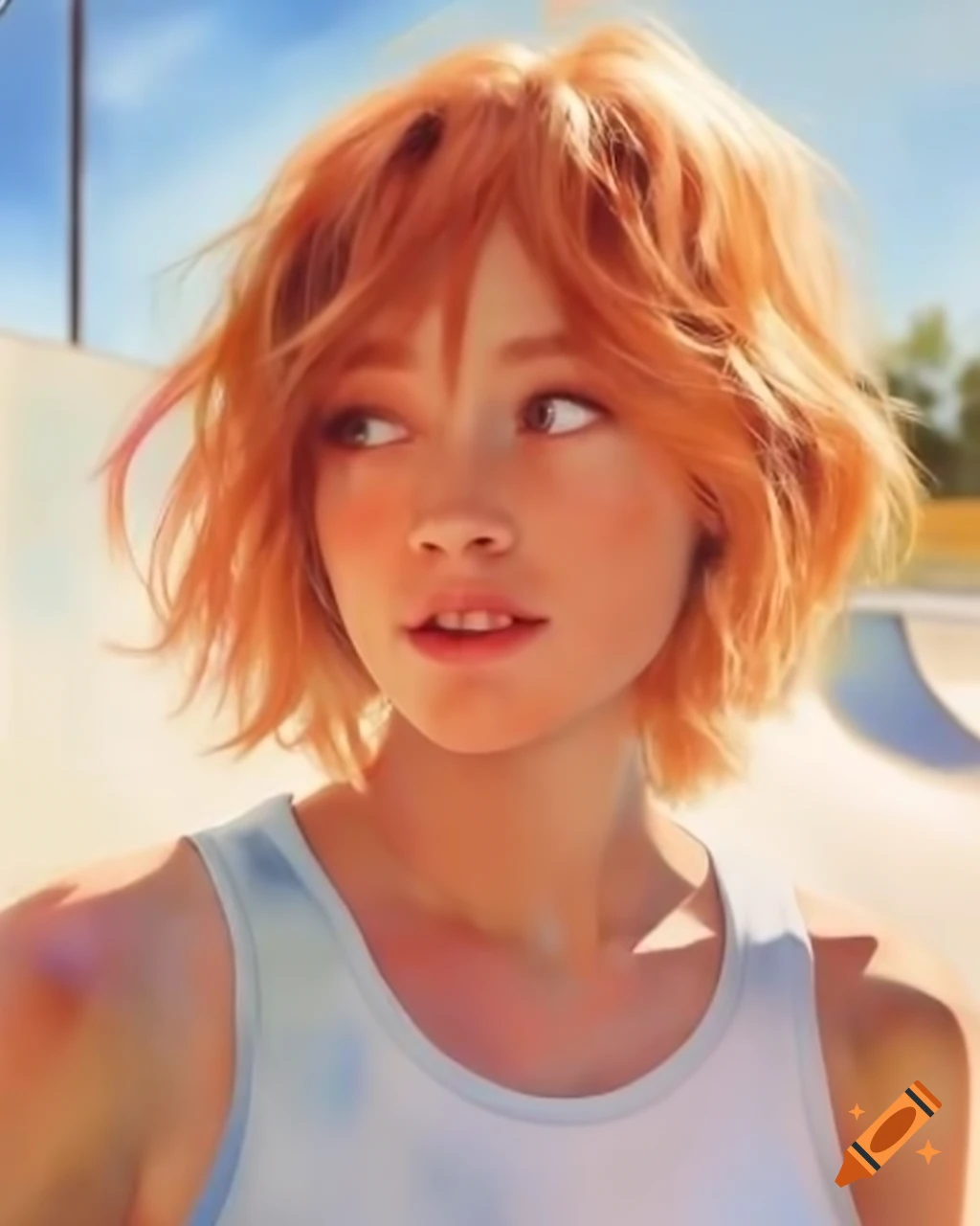 Hyper-realistic yandere French female skater with ginger hair at skate park, detailed face features