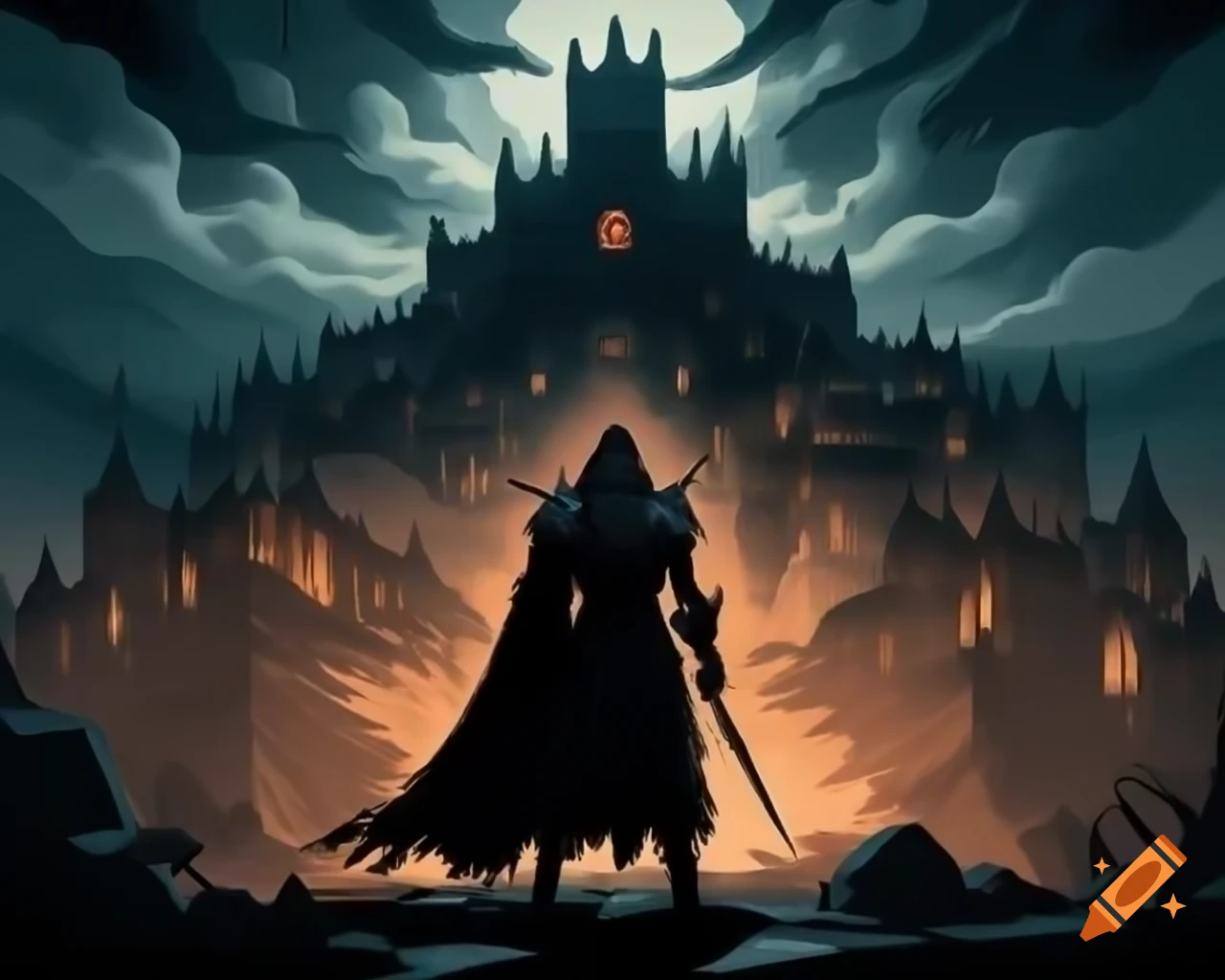 Fantasy king in black armor facing ominous castle