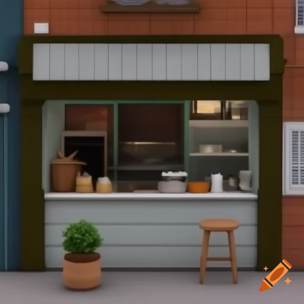 Coffee-selling kitchen with counter and table in front of building featuring planter