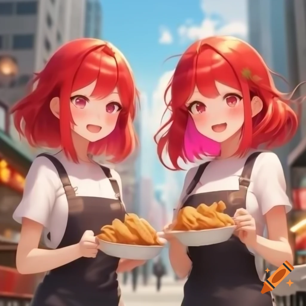Anime women with red hair enjoying fried chicken in city setting