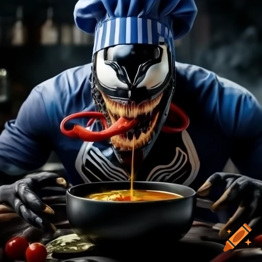 Venom character in chef hat stirring black soup on cooking show