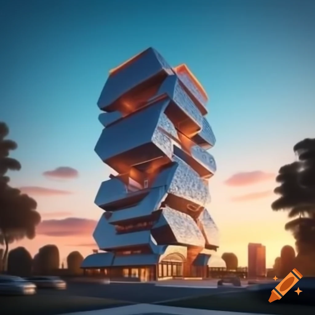 Futuristic building block with offices at sunset