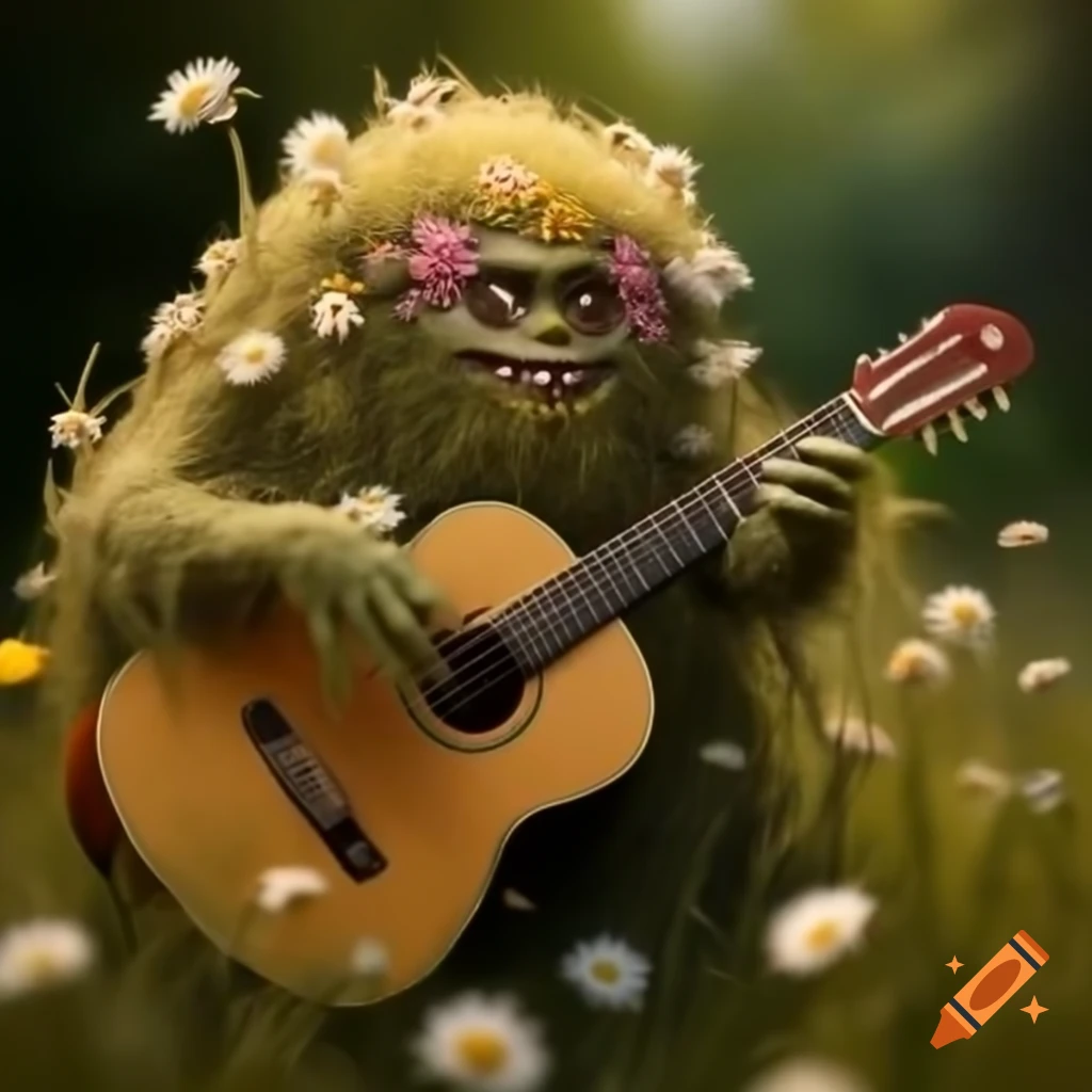 Flower monster playing guitar in wildflower meadow, highly detailed