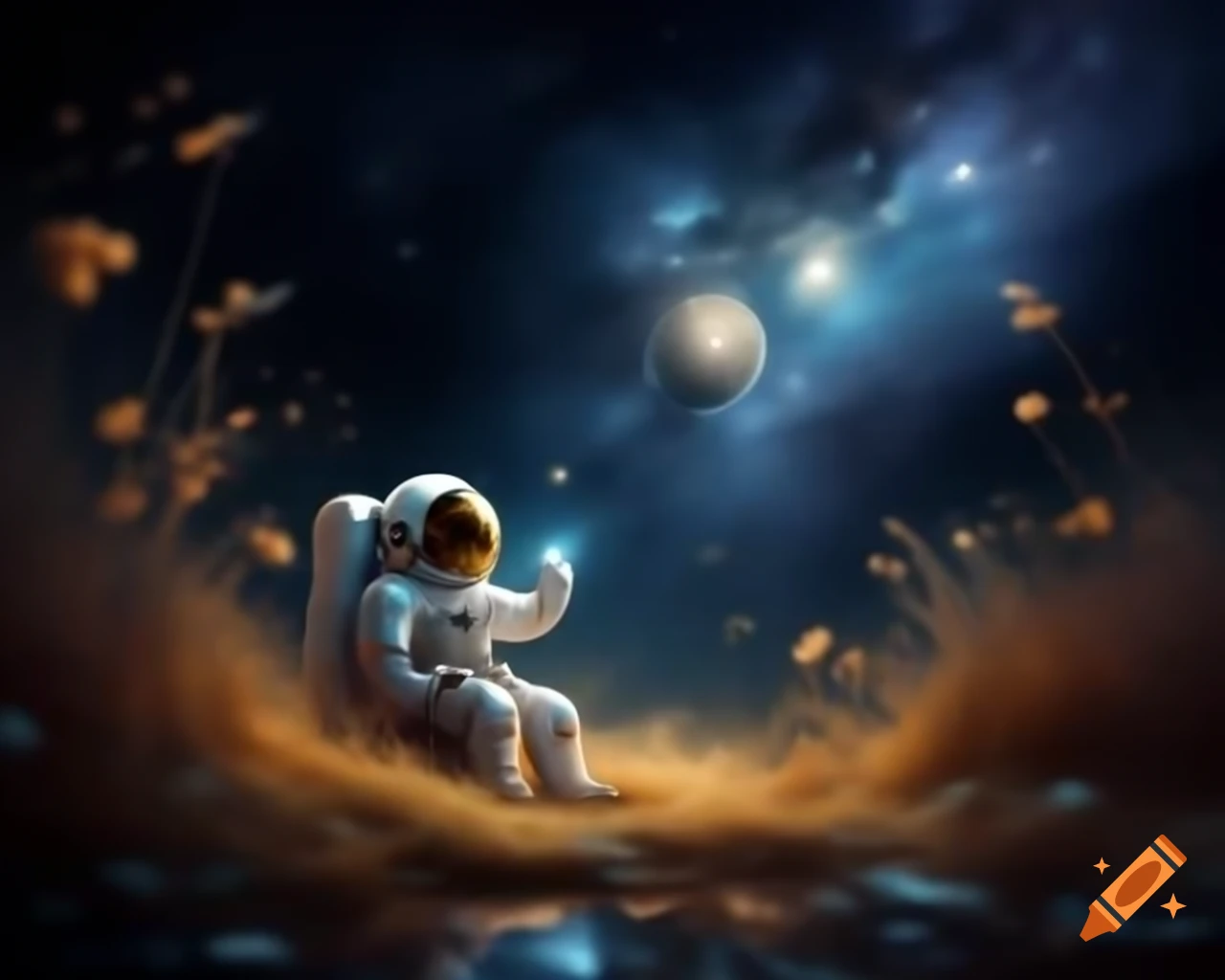 Astronaut gazing at stars while standing on moon grass