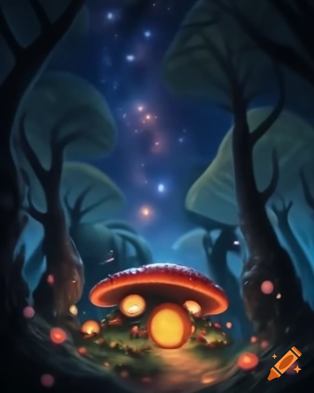 Mushroom-shaped hobbit house by galactic lake with luminescent ambiance