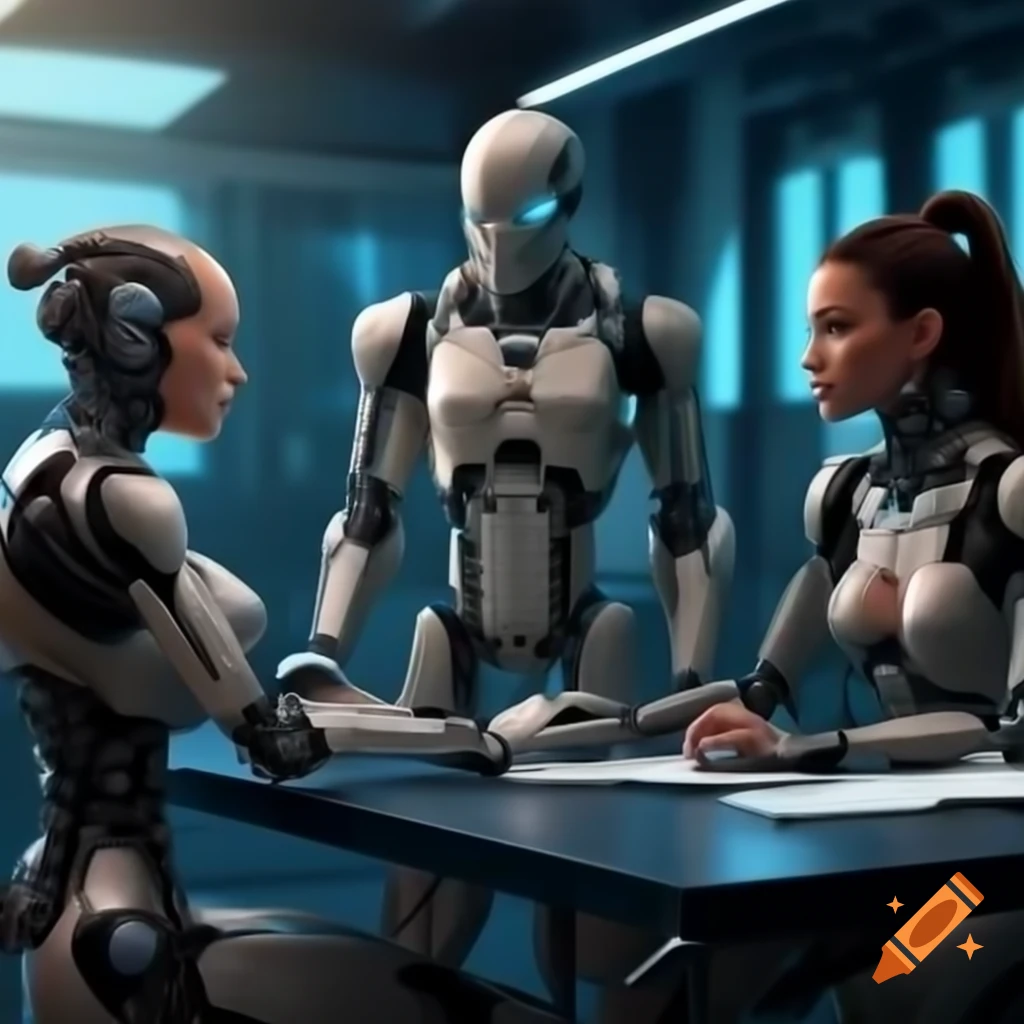 Cyborg engineers adding cybernetic enhancements in futuristic lab